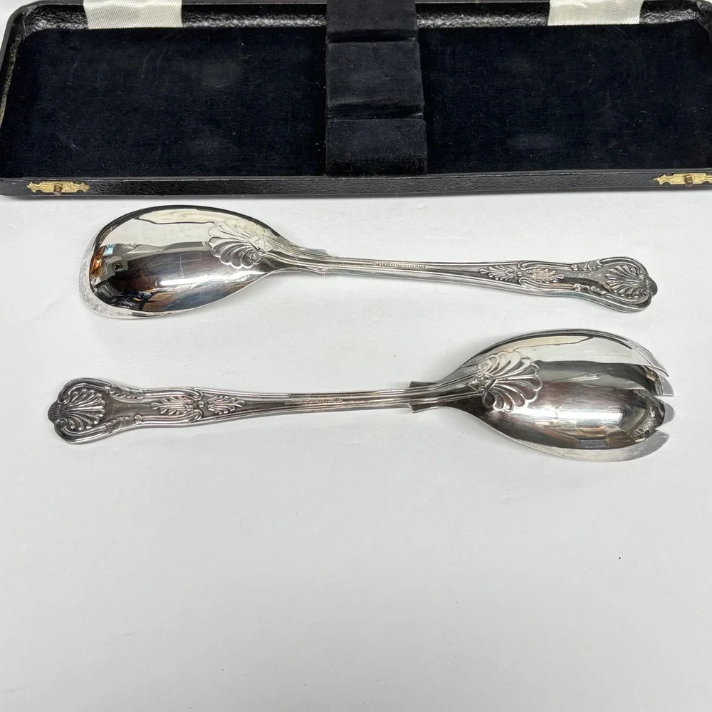 Sheffield Silver Plate Serving Spoons Salad Servers Box Kings England Vintage